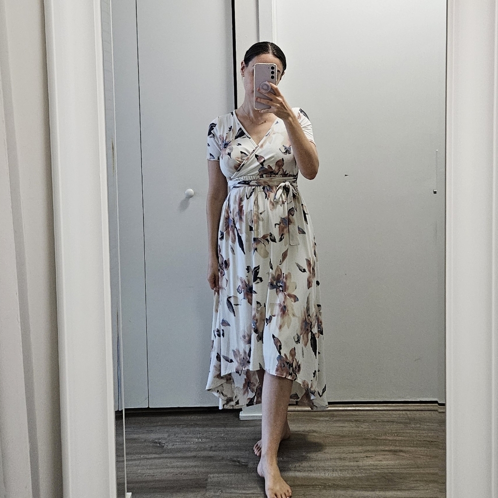 Floral Wrap Midi Dress in White and Blush